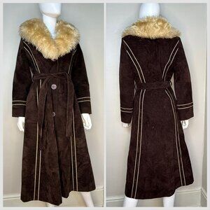 Vintage 1970s Brown Velvet Coat with Faux Fur Collar, Size Small, Penny Lane
